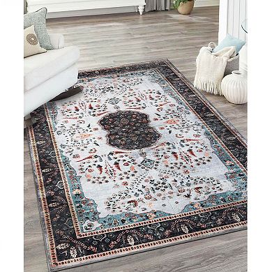 SUPERIOR Floral Pattern Bordered Washable Area Rug