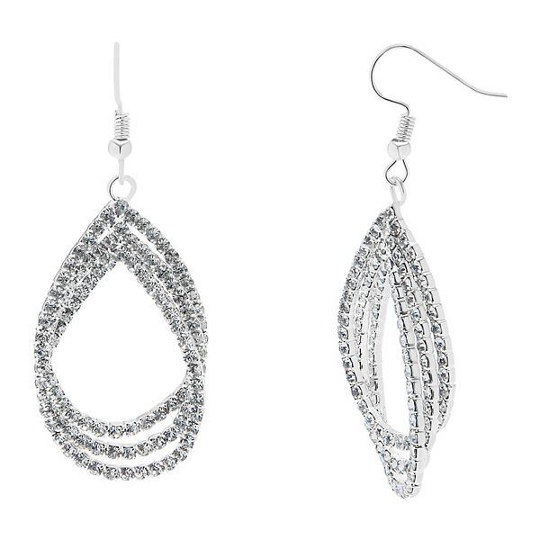 Silver Tone Rhinestone Layered Open Teardrop Drop Earrings