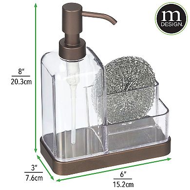 mDesign Plastic Kitchen Counter Dish Soap Pump, Sponge Caddy - Clear/Soft Brass