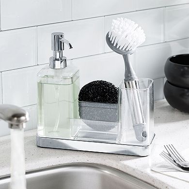 mDesign Plastic Kitchen Sink Countertop Liquid Hand Soap Dispenser, Chrome/Clear