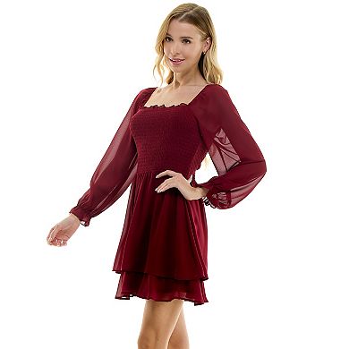 Juniors' Lily Rose Long Sleeve Smocked Bodice Tiered Dress