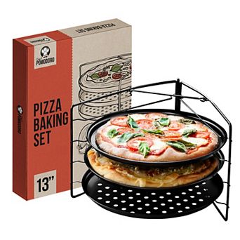 Chef Pomodoro Pizza Baking Set With 3 Pizza Pans And Pizza Rack, Non-stick Perforated Pizza Trays