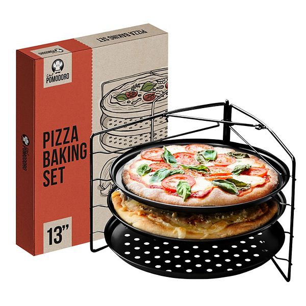 Chef Pomodoro Pizza Baking Set With 3 Pizza Pans And Pizza Rack, Non