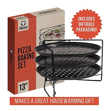 Chef Pomodoro Pizza Baking Set With 3 Pizza Pans And Pizza Rack, Non-stick Perforated Pizza Trays