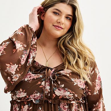 Juniors' Plus Rewind Tie Front Tiered Maxi Dress