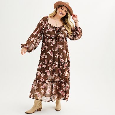 Juniors' Plus Rewind Tie Front Tiered Maxi Dress