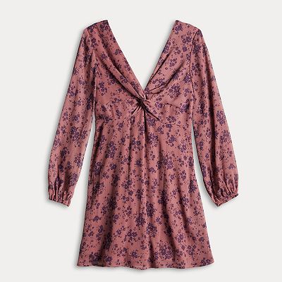 Juniors' Live To Be Spoiled Long Sleeve Knot Front Skater Dress