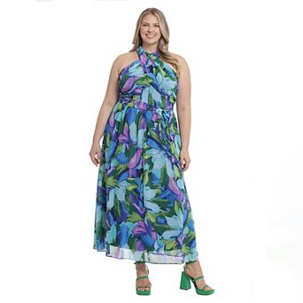 Plus Size London Times Floral Wrap Halter Maxi Dress