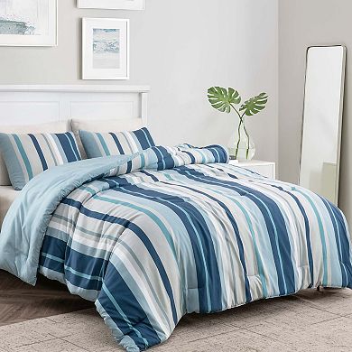 Unikome All Season Stripe Printed Pattern Down Alternative Reversible Comforter with Shams