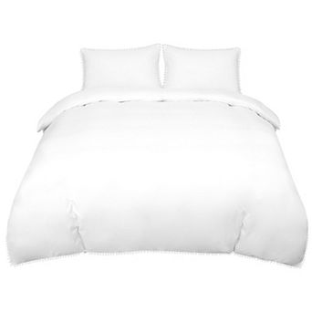 3 pc Bedding Set Duvet Cover Solid Pillowcase Quilt Cover With Pompoms King