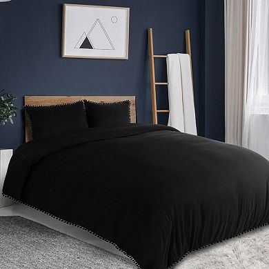 3pcs Bedding Set Duvet Cover Solid Pillowcase Cover with Pompoms Queen
