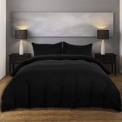 3pcs Bedding Set Duvet Cover Solid Pillowcase Cover with Pompoms Queen