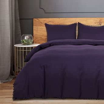 3 pc Bedding Set Duvet Cover Solid Pillowcase Cover with Pompoms Queen