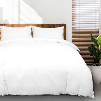 3 pc Bedding Set Duvet Cover Solid Pillowcase Cover with Pompoms Queen