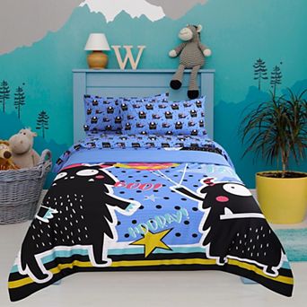 5 pc Polyester Microfiber Kids Bedding Set Black Cartoon Pattern Twin
