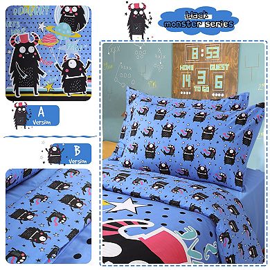 5 Piece Polyester Microfiber Kids Bedding Set Black Cartoon Pattern Twin