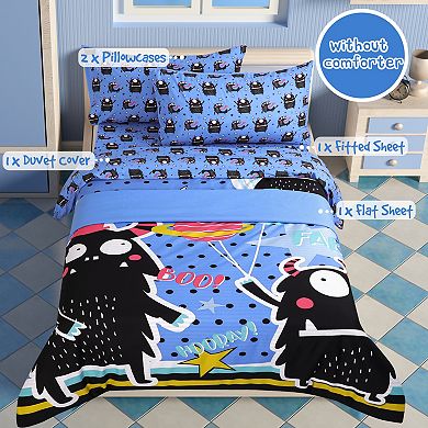 5 Piece Polyester Microfiber Kids Bedding Set Black Cartoon Pattern Twin