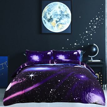 Galaxy Sky Cosmos Night Pattern 3D Printed 4 pc Bedding Duvet Cover Set Dark Purple Queen