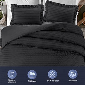 3 pc Duvet Cover Set Microfiber Seersucker Textured Stripe King