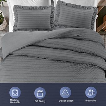 3 pc Duvet Cover Set Microfiber Seersucker Textured Stripe King