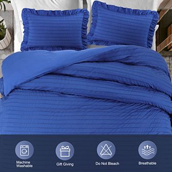 3 pc Duvet Cover Set Microfiber Seersucker Textured Stripe King