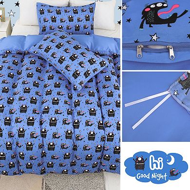 3 Piece Polyester Microfiber Kids Duvet Cover Set Black Cartoon Pattern Twin