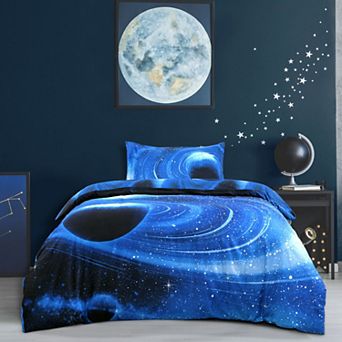 Star Sky Moon Night Duvet Cover Navy Blue 3 pc Twin