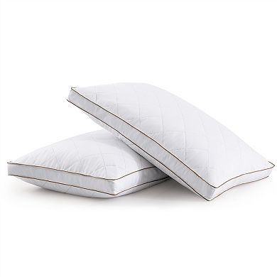 Unikome 2 Pack Quilted Down Feather Gusset Bed Pillows with Ultra Soft Peach Skin