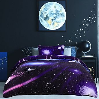 Galaxy Sky Cosmos Night Pattern 3D Printed Bedding Duvet Cover Set Dark Purple Single 3 pc