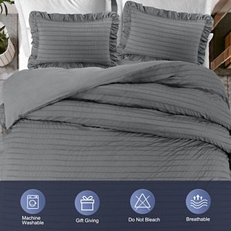 Microfiber Soft Zippered Seersucker Duvet Cover Set With Corner Ties 3 Pieces, Queen
