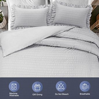Microfiber Soft Zippered Seersucker Duvet Cover Set With Corner Ties 3 Pieces, Queen