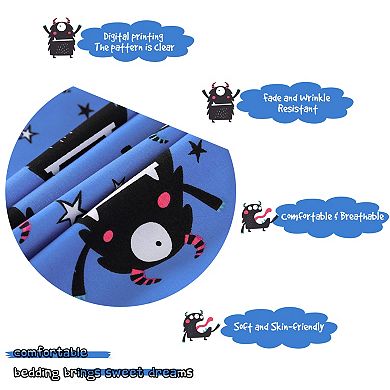 3 Pcs Polyester Microfiber Kids Duvet Cover Set Black Cartoon Pattern Queen
