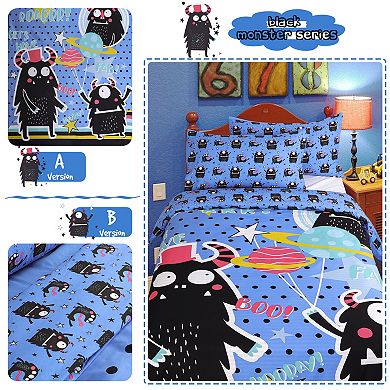 3 Piece Polyester Microfiber Kids Duvet Cover Set Big Black Cartoon Print Twin