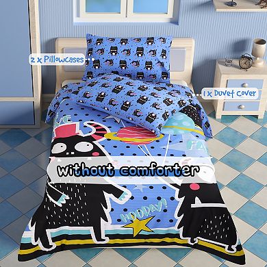 3 Piece Polyester Microfiber Kids Duvet Cover Set Big Black Cartoon Print Twin