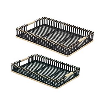 Melrose 2 pc Woven Bamboo Trays with Rattan Handle Accent