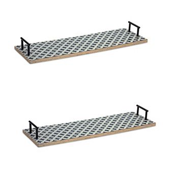 Melrose Mango Wood Tray with Geometric Design and Metal Handle Accents 2 pc Set
