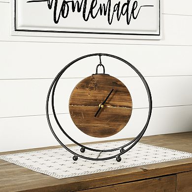 Melrose Natural Wooden Hanging Clock in Round Metal Stand Table Decor