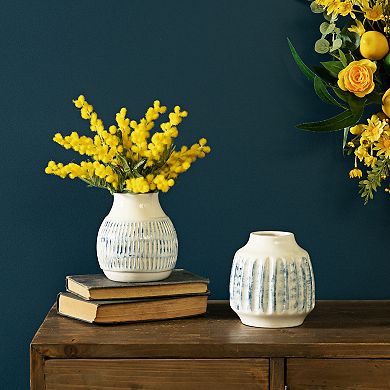 Melrose Ribbed Ceramic Vase with Washed Blue Finish 2-pc. Set