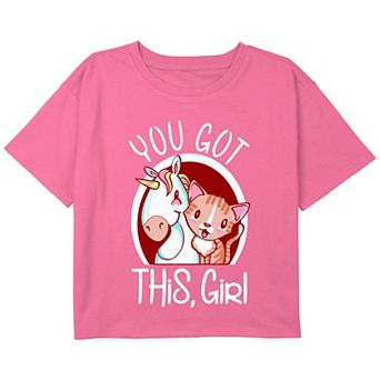 Girls 6-16 "You Got This Girl" Cat And Unicorn Boxy Cropped Tee