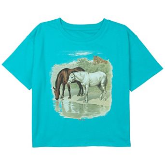Girls 6-16 Vintage Horses Painting Boxy Cropped Tee
