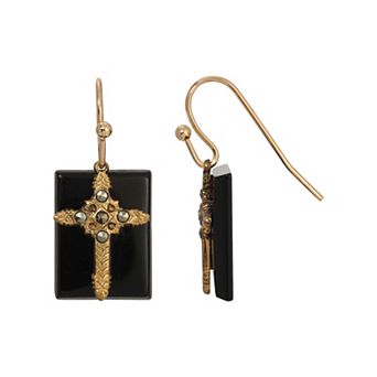 Symbols of Faith Gold Tone Semi-Precious Cross Drop Earrings