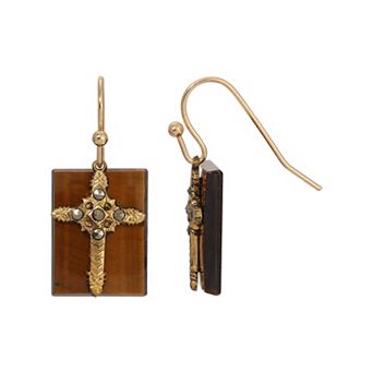 Symbols of Faith Gold Tone Semi-Precious Cross Drop Earrings