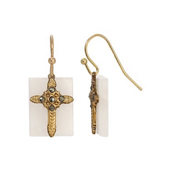 Symbols of Faith Gold Tone Semi-Precious Cross Drop Earrings