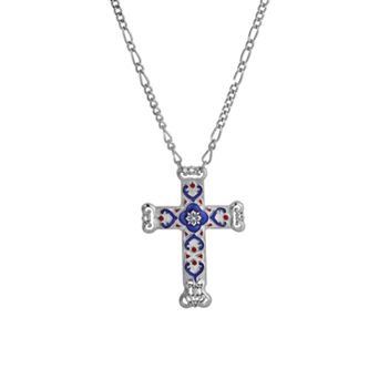 Symbols of Faith Enamel Blue & Red Cross Pendant Necklace