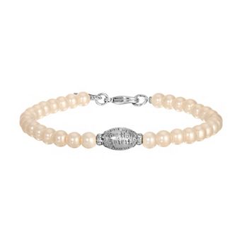 Symbols of Faith Silver Tone Simulated Pearl Prayer Bracelet