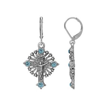 Symbols of Faith Silver Tone Aqua Crystal Cross Drop Earrings