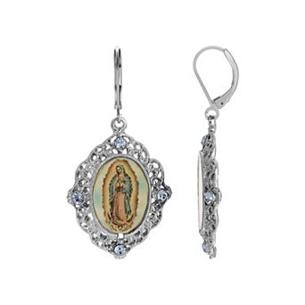 Symbols of Faith Silver Tone Our Lady Of Guadalupe Drop Earrings