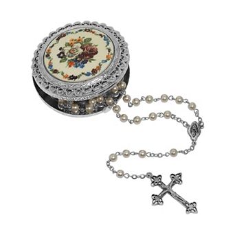 Symbols of Faith Pewter Pearl Rosary with Floral Decal Box
