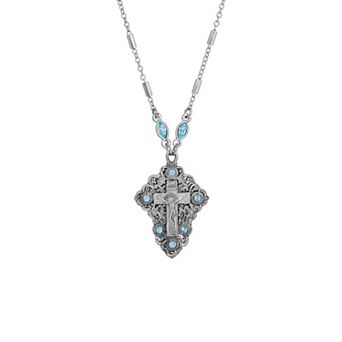 Symbols of Faith Silver Tone Aqua Crystal Cross 16" Adjustable Necklace