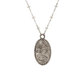 Symbols of Faith Silver Tone Oval Madonna & Child Pendant 26" Necklace